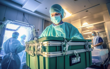 Organ transplantation medical professional in a rush, following a strict procedure with an organ transplant case. Microgen_Adobe Stock_Organ Harvesting
